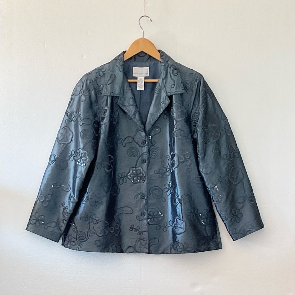 Susan Graver embroidered jacket with embellishments. Size L. Gray.